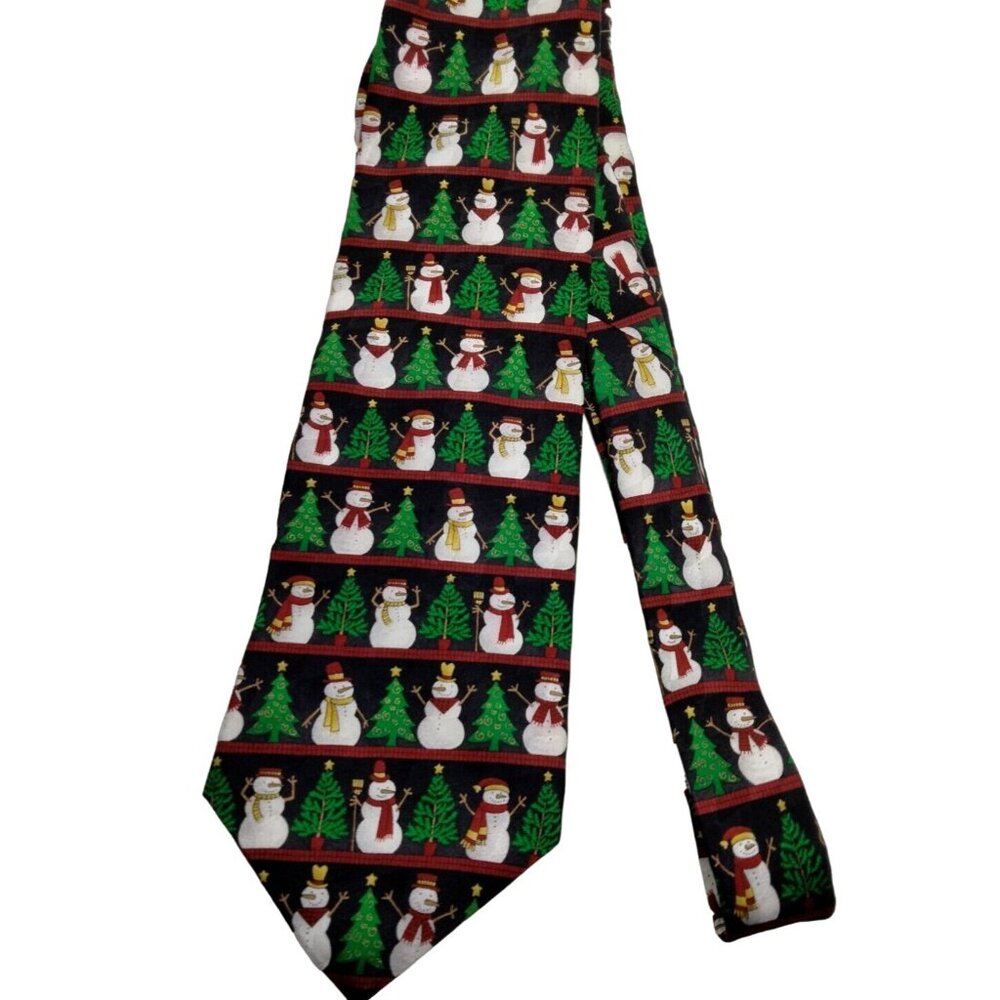 Holiday Traditions Men's Christmas Tie Snowman Tree Black Hallmark MMG